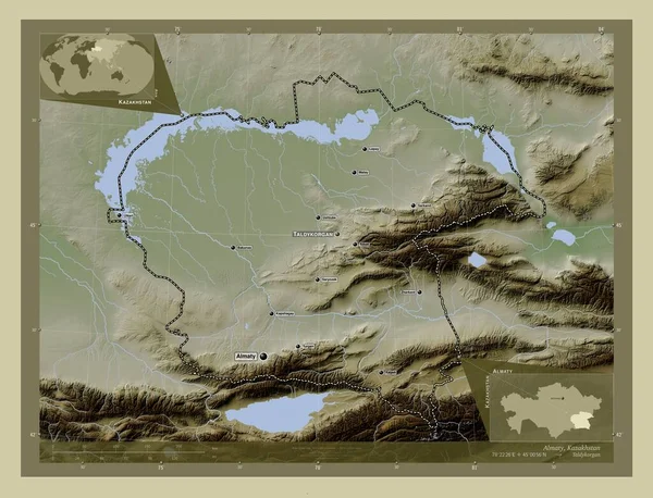 Almaty Oblast Kazachstánu Zdvihová Mapa Zbarvená Stylu Wiki Jezery Řekami — Stock fotografie