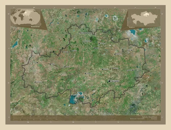 哈萨克斯坦亚科莫拉地区 高分辨率卫星地图 该区域主要城市的地点和名称 角辅助位置图 — 图库照片