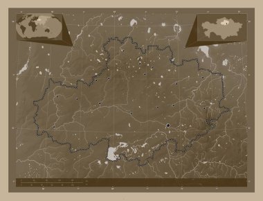 Aqmola, Kazakistan bölgesi. Yükseklik haritası sepya tonlarında göller ve nehirlerle renklendirilmiş. Bölgenin büyük şehirlerinin yerleri. Köşedeki yedek konum haritaları