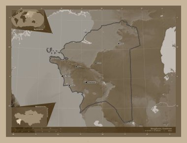 Mangghystau, Kazakistan bölgesi. Yükseklik haritası sepya tonlarında göller ve nehirlerle renklendirilmiş. Bölgenin büyük şehirlerinin yerleri ve isimleri. Köşedeki yedek konum haritaları