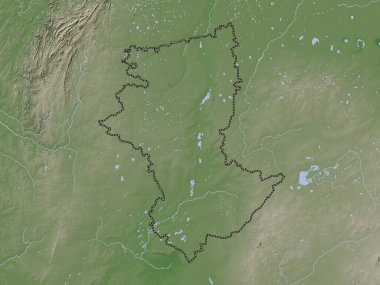 Qostanay, Kazakistan bölgesi. Yükseklik haritası göller ve nehirlerle wiki stilinde renklendirilmiştir