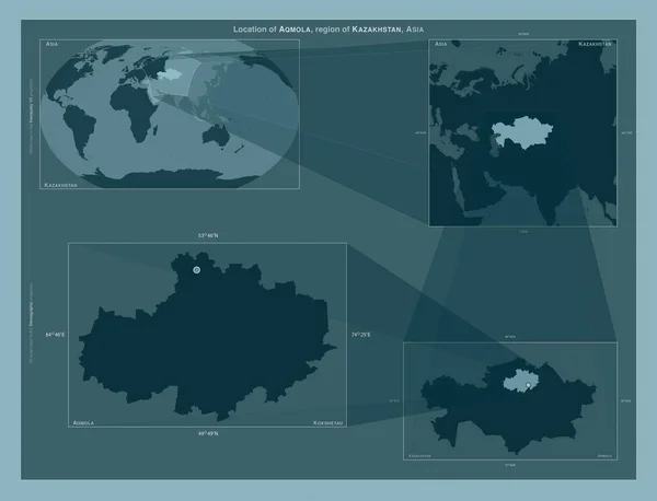 Aqmola Oblast Kazachstánu Diagram Znázorňující Umístění Oblasti Větších Mapách Složení — Stock fotografie