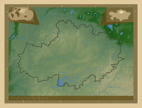 Aqmola Região Cazaquistão Mapa Elevação Colorido Com Lagos Rios Mapa — Fotografia de Stock