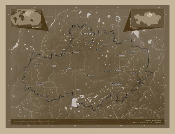 Акмола Область Казахстана Карта Высоты Окрашенная Сепиевые Тона Озерами Реками — стоковое фото
