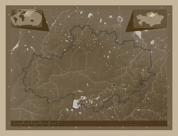 Акмола Область Казахстана Карта Высоты Окрашенная Сепиевые Тона Озерами Реками — стоковое фото
