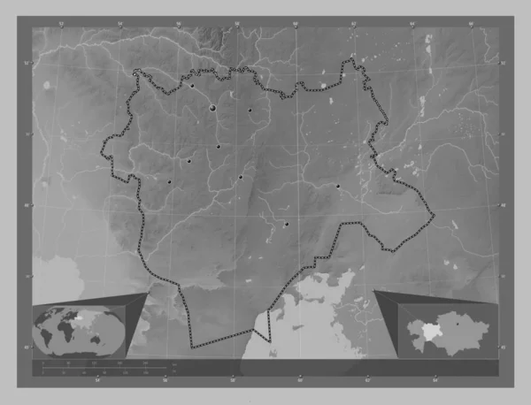 Aqtobe Região Cazaquistão Mapa Elevação Escala Cinza Com Lagos Rios — Fotografia de Stock