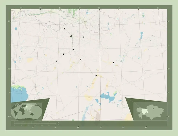 Aqtobe Kazahsztán Régió Nyílt Utcai Térkép Régió Nagyvárosainak Elhelyezkedése Saroktérképek — Stock Fotó