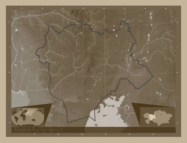 Актобе Район Казахстану Висота Карти Забарвлена Сепії Тонів Озерами Річками — стокове фото