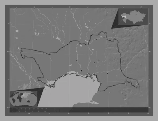 Atyrau Región Kazajstán Mapa Elevación Bilevel Con Lagos Ríos Ubicaciones — Foto de Stock