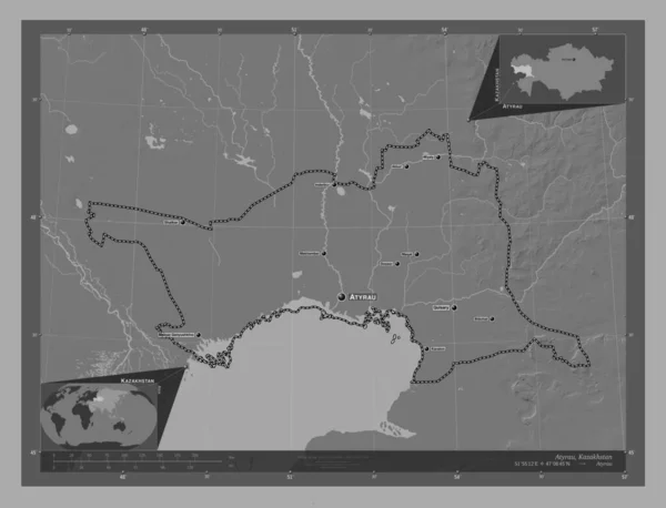 Atyrau Región Kazajstán Mapa Elevación Bilevel Con Lagos Ríos Ubicaciones — Foto de Stock