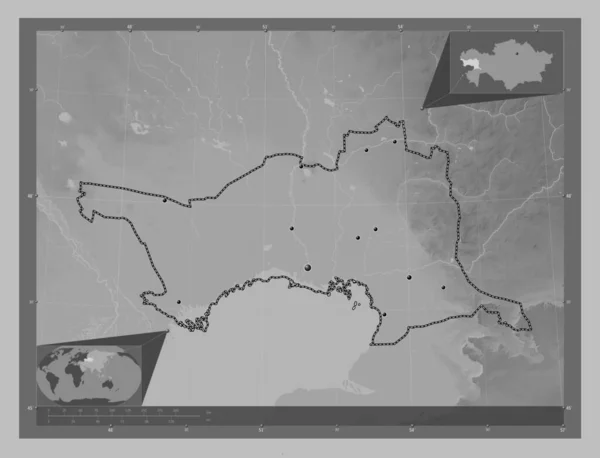 Atyrau Region Kazachstanu Mapa Wzniesień Skali Szarości Jeziorami Rzekami Lokalizacje — Zdjęcie stockowe