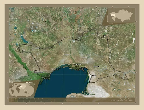 哈萨克斯坦地区Atyrau 高分辨率卫星地图 该区域主要城市的地点和名称 角辅助位置图 — 图库照片