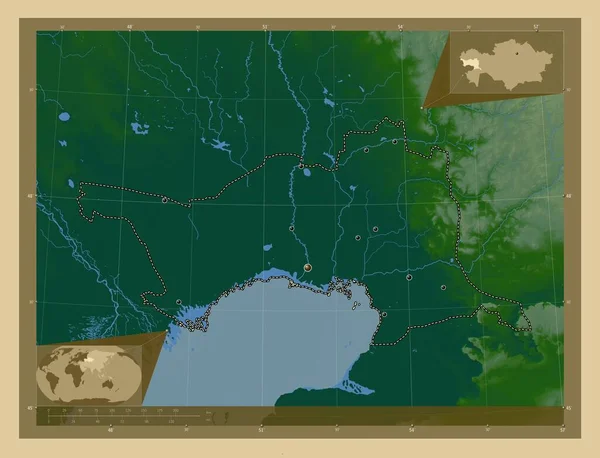 Atyrau Région Kazakhstan Carte Altitude Colorée Avec Lacs Rivières Emplacements — Photo