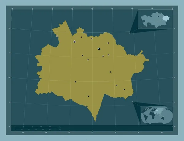 東カザフスタン カザフスタンの地域 しっかりした色の形 地域の主要都市の場所 コーナー補助位置図 — ストック写真