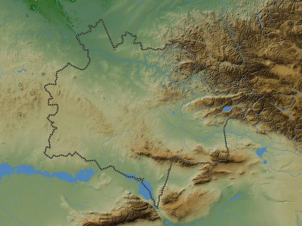東カザフスタン カザフスタンの地域 湖や川と色の標高マップ — ストック写真