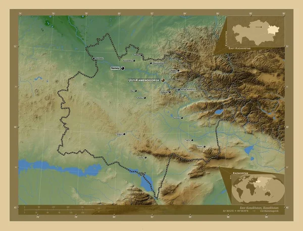 東カザフスタン カザフスタンの地域 湖や川と色の標高マップ 地域の主要都市の位置と名前 コーナー補助位置図 — ストック写真
