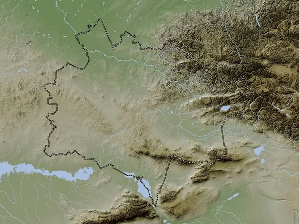 東カザフスタン カザフスタンの地域 湖や川とWikiスタイルで着色された標高マップ — ストック写真