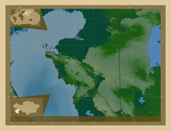 Mangghystau Región Kazajstán Mapa Elevación Colores Con Lagos Ríos Ubicaciones — Foto de Stock