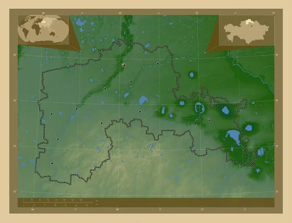 Cazaquistão Norte Região Cazaquistão Mapa Elevação Colorido Com Lagos Rios — Fotografia de Stock