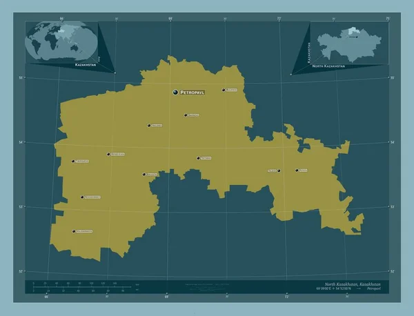 カザフスタン北部 カザフスタンの地域 しっかりした色の形 地域の主要都市の位置と名前 コーナー補助位置図 — ストック写真