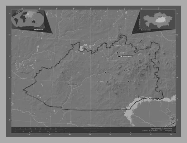 Qaraghandy Region Kazachstanu Dwupoziomowa Mapa Jeziorami Rzekami Lokalizacje Nazwy Głównych — Zdjęcie stockowe