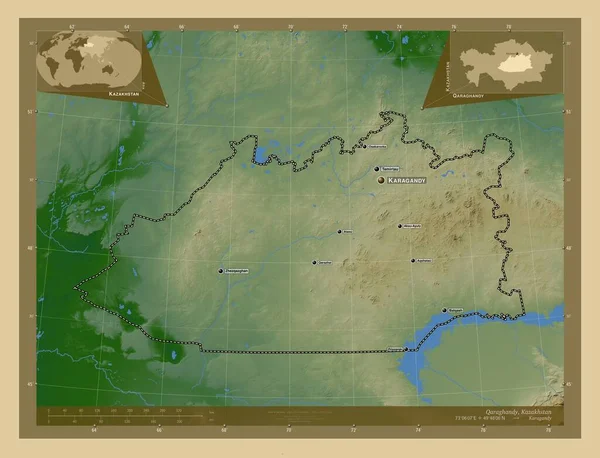 Qaraghandy Región Kazajstán Mapa Elevación Colores Con Lagos Ríos Ubicaciones —  Fotos de Stock