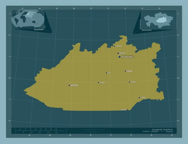 Qaraghandy 哈萨克斯坦地区 固体的颜色形状 该区域主要城市的地点和名称 角辅助位置图 — 图库照片