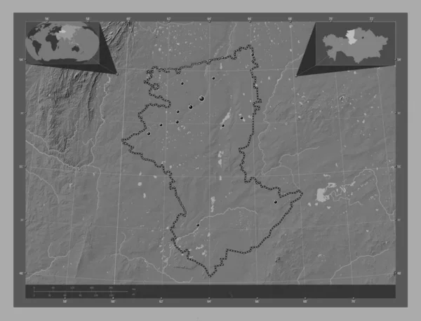 Qostanay Oblast Kazachstánu Mapa Nadmořské Výšky Jezery Řekami Umístění Velkých — Stock fotografie