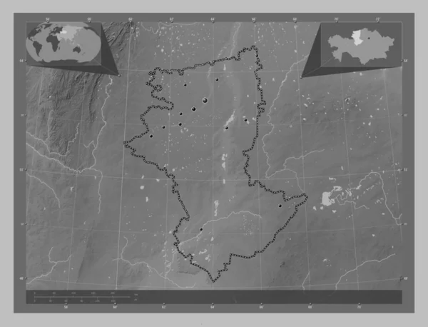 Qostanay Regionen Kazakstan Grayscale Höjdkarta Med Sjöar Och Floder Platser — Stockfoto