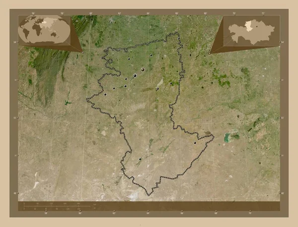 Qostanay Região Cazaquistão Mapa Satélite Baixa Resolução Locais Das Principais — Fotografia de Stock
