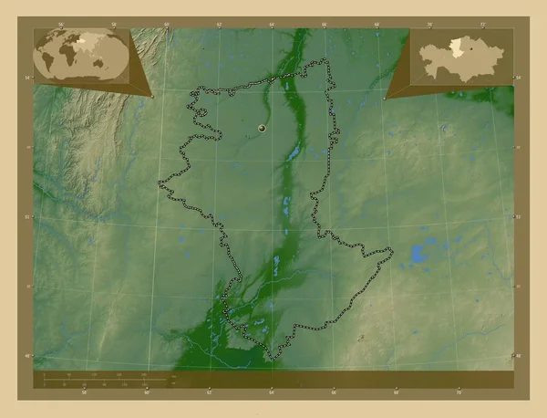 Qostanay Región Kazajstán Mapa Elevación Colores Con Lagos Ríos Mapas —  Fotos de Stock