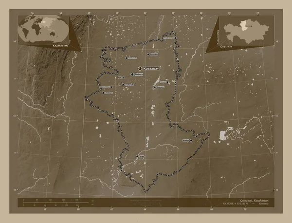 Qostanay Regionen Kazakstan Höjdkarta Färgad Sepiatoner Med Sjöar Och Floder — Stockfoto