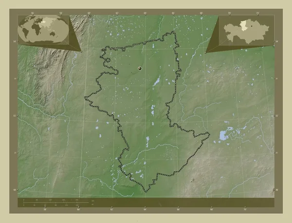 Qostanay Region Kazachstanu Mapa Wzniesień Kolorowa Stylu Wiki Jeziorami Rzekami — Zdjęcie stockowe