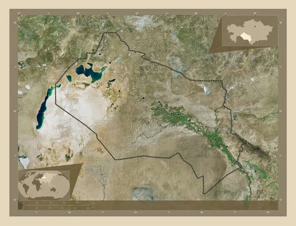 Qyzylorda Region Kasachstan Hochauflösende Satellitenkarte Standorte Der Wichtigsten Städte Der — Stockfoto