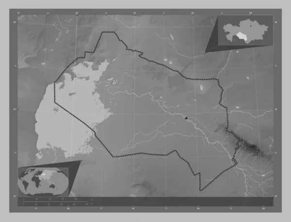 Qyzylorda Regio Kazachstan Grayscale Hoogte Kaart Met Meren Rivieren Hulplocatiekaarten — Stockfoto