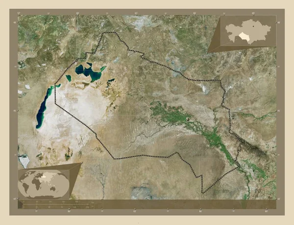 カザフスタンの地域であるキジロルダ 高解像度衛星地図 コーナー補助位置図 — ストック写真