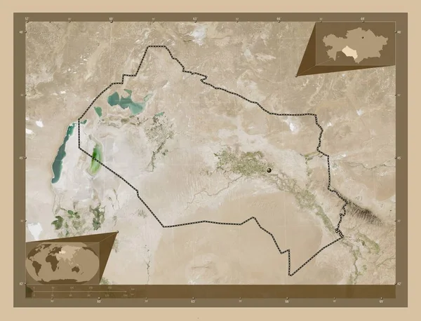カザフスタンの地域であるキジロルダ 低解像度衛星地図 コーナー補助位置図 — ストック写真