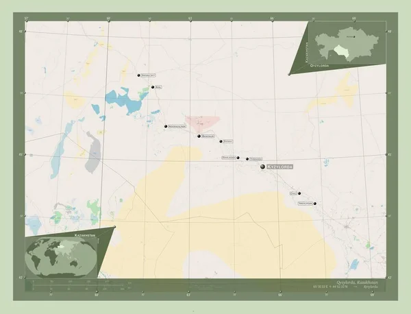 Qyzylorda Region Kazachstanu Otwórz Mapę Ulic Lokalizacje Nazwy Głównych Miast — Zdjęcie stockowe