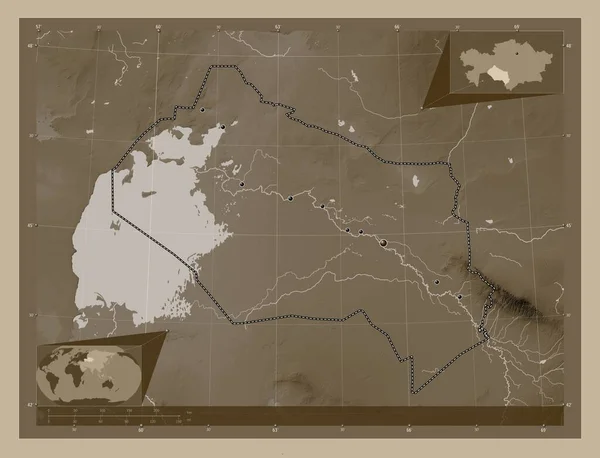 Qyzylorda Region Kazachstanu Mapa Elewacji Kolorowe Sepia Dźwięki Jeziorami Rzekami — Zdjęcie stockowe