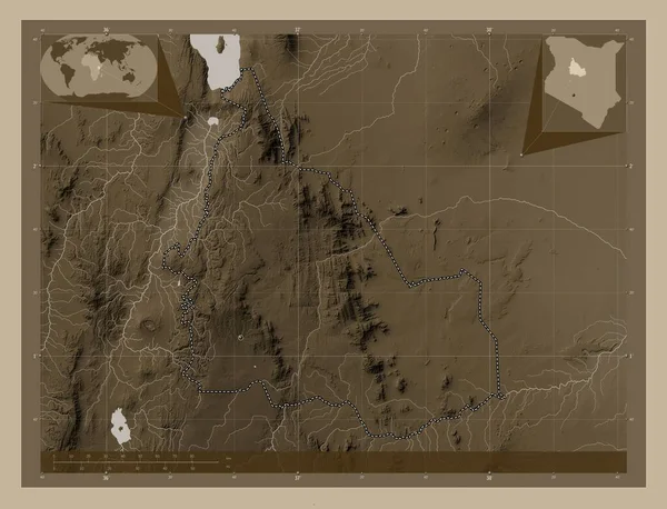 Samburu Condado Kenia Mapa Elevación Coloreado Tonos Sepia Con Lagos — Foto de Stock