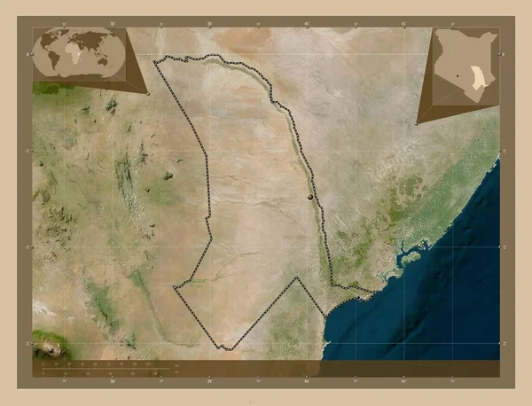 ケニアの郡タナ川 低解像度衛星地図 地域の主要都市の場所 コーナー補助位置図 — ストック写真