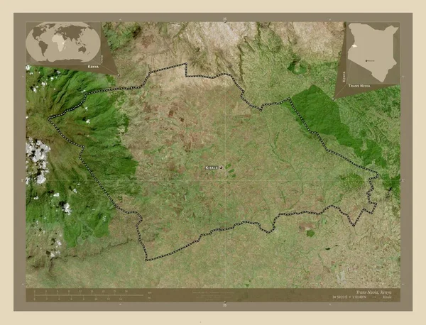 ケニアの郡トランス ンゾア 高解像度衛星地図 地域の主要都市の位置と名前 コーナー補助位置図 — ストック写真