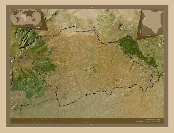 ケニアの郡トランス ンゾア 低解像度衛星地図 地域の主要都市の位置と名前 コーナー補助位置図 — ストック写真
