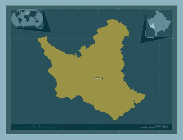 コソボの自治体Gjakova しっかりした色の形 地域の主要都市の位置と名前 コーナー補助位置図 — ストック写真