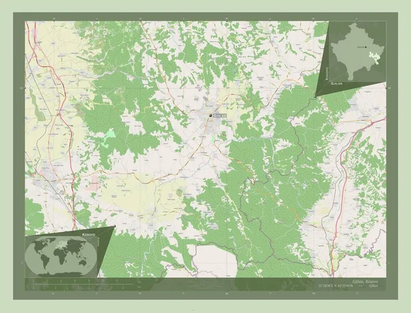 科索沃市Gjilan 开放街道地图 该区域主要城市的地点和名称 角辅助位置图 — 图库照片