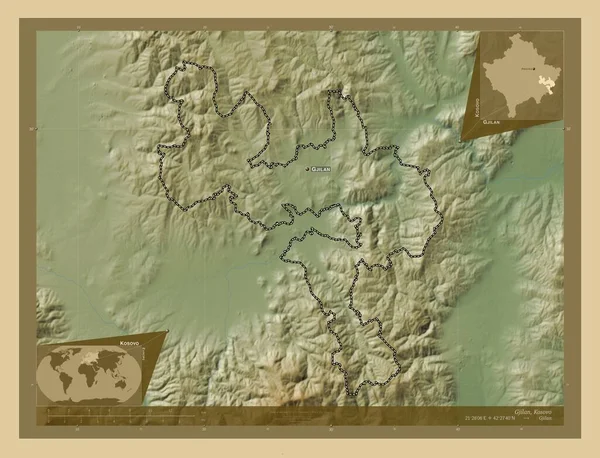 Gjilan Municipio Kosovo Mapa Elevación Colores Con Lagos Ríos Ubicaciones — Foto de Stock