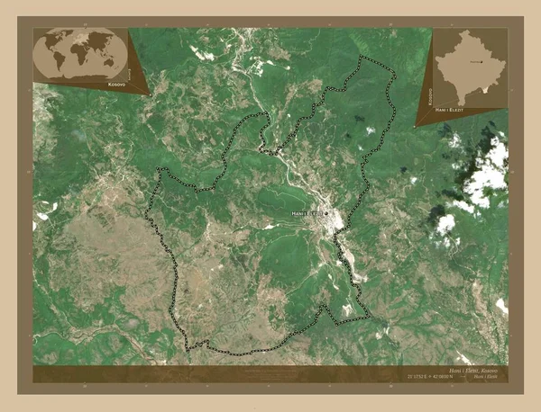 Hani Elezit 科索沃市 低分辨率卫星地图 该区域主要城市的地点和名称 角辅助位置图 — 图库照片
