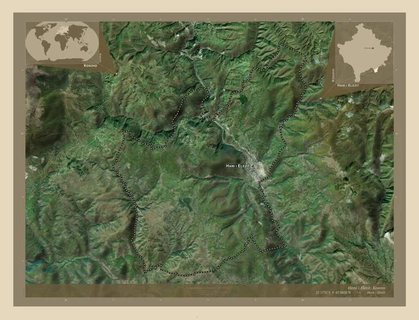コソボの自治体であるハニ エレジット 高解像度衛星地図 地域の主要都市の位置と名前 コーナー補助位置図 — ストック写真