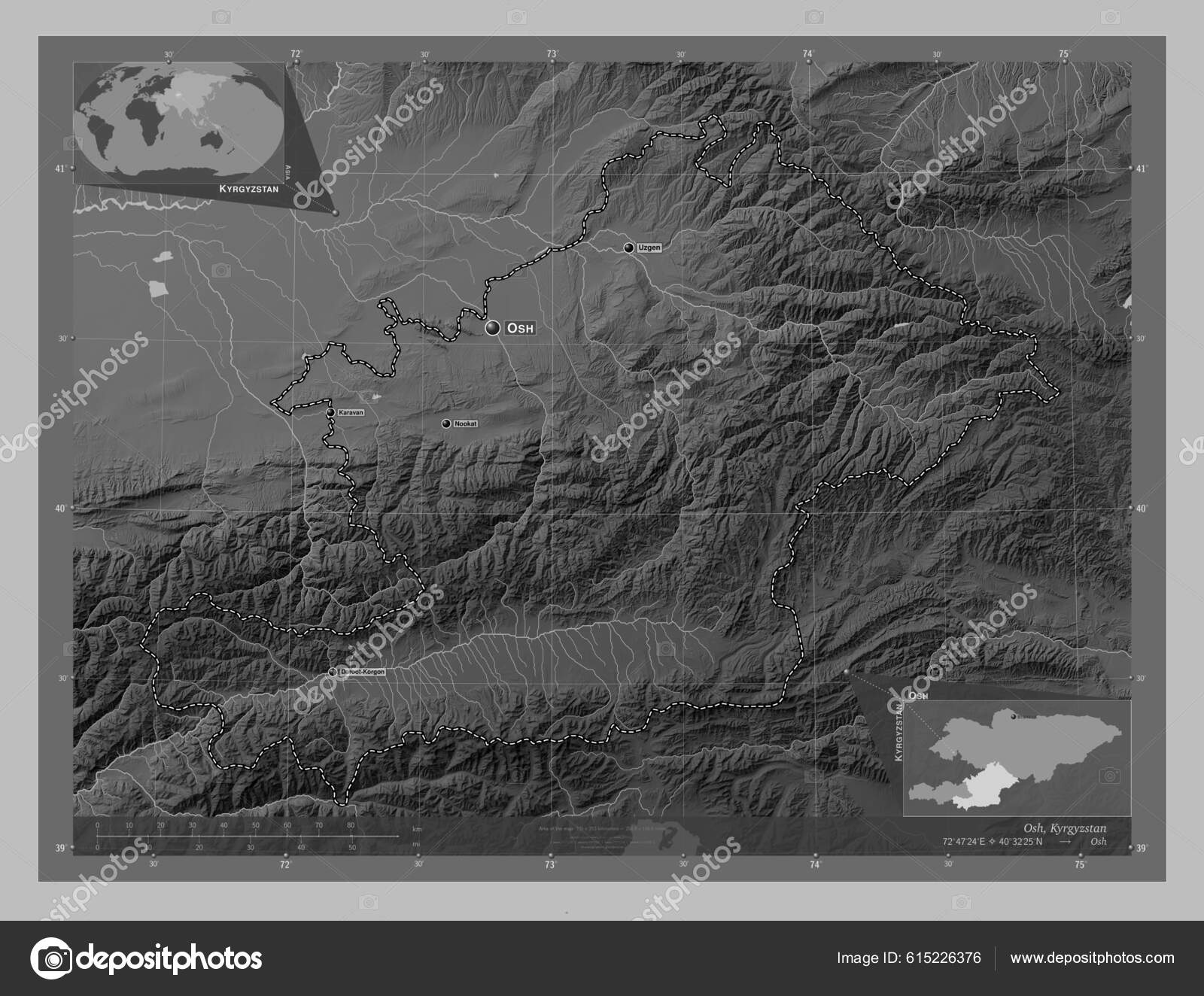 Osh City Kyrgyzstan Grayscale Elevation Map Lakes Rivers Locations ...