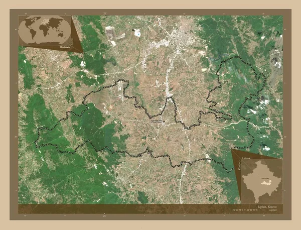 リパン コソボの自治体 低解像度衛星地図 地域の主要都市の位置と名前 コーナー補助位置図 — ストック写真